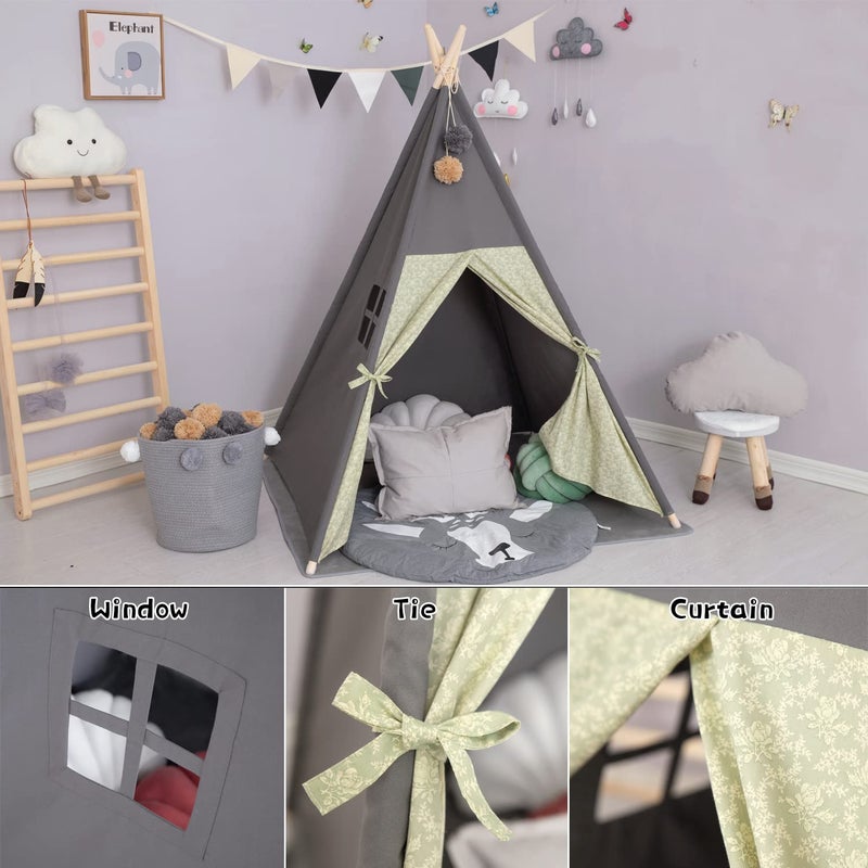 TreeBud Teepee Tent for Kids Stripe Padded Mat Foldable Dark Tone Grey Play Tents for Girl and Boy with Carry Case Wooden Pole Printing Canvas Tepee Playhouse for Child Indoor Outdoor - Image 5